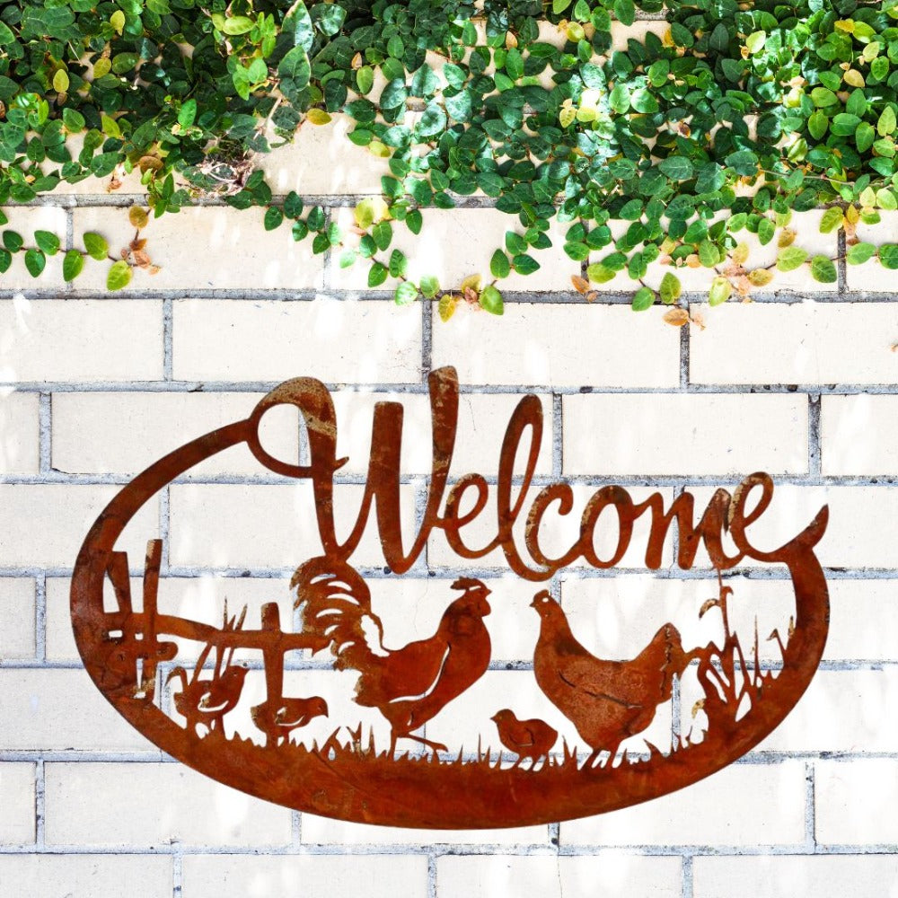 five_cinnamon_Hen Metal Wall Art Welcome Sign 1