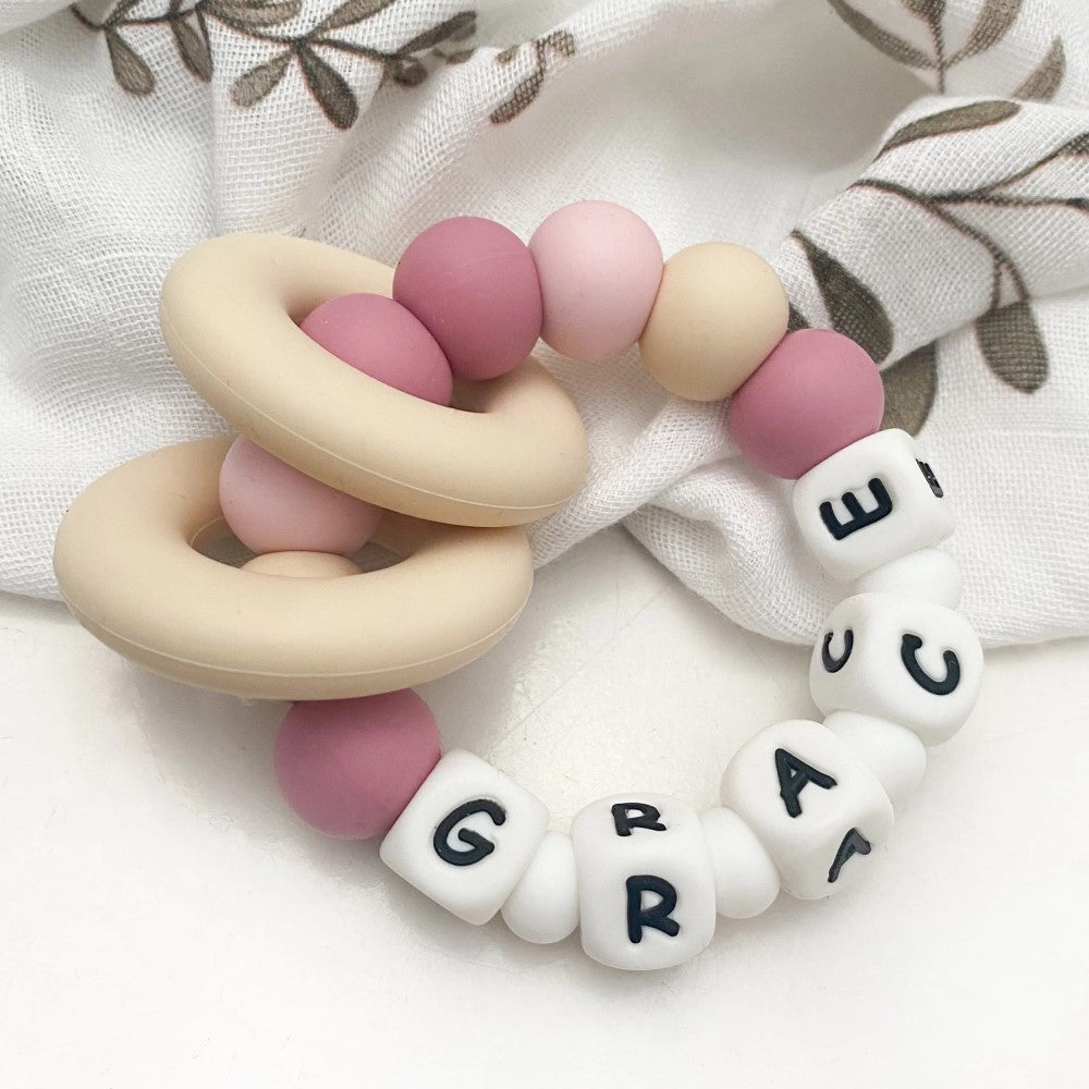 Personalised Silicone Beads On Rings Teether Rattle - GUMMI