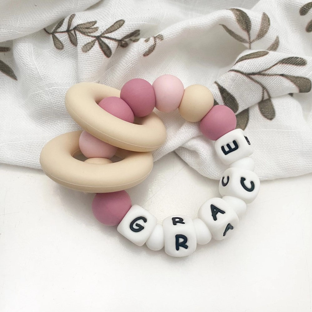 Personalised Silicone Beads On Wooden Rings Teether Rattle