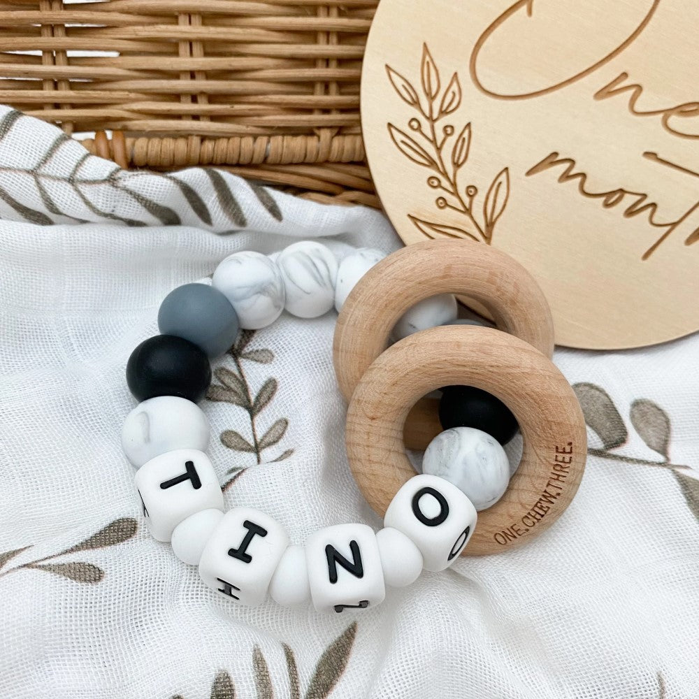 Personalised Silicone Beads On Wooden Rings Teether Rattle