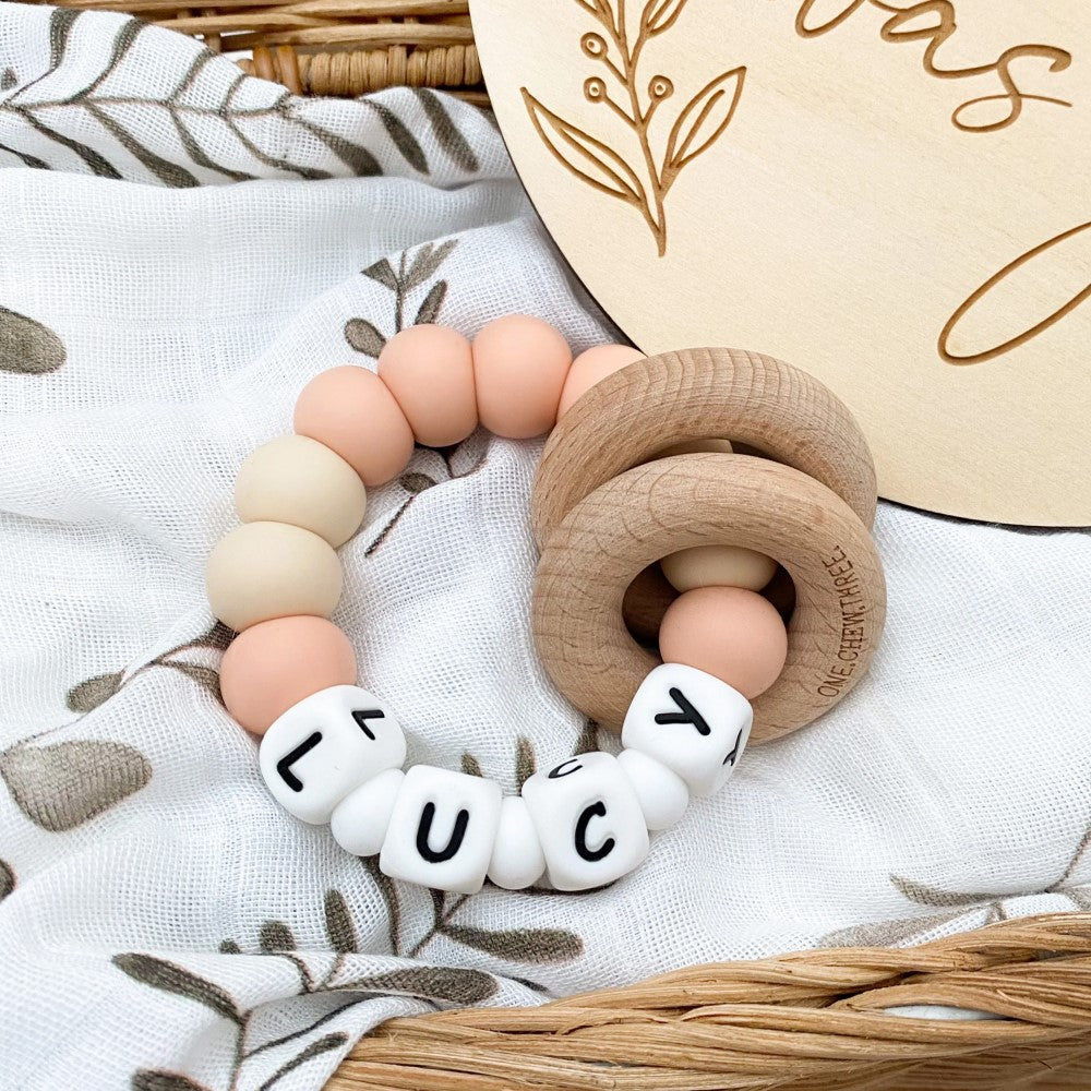 Personalised Silicone Beads On Wooden Rings Teether Rattle