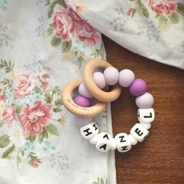 Personalised Silicone Beads On Wooden Rings Teether Rattle