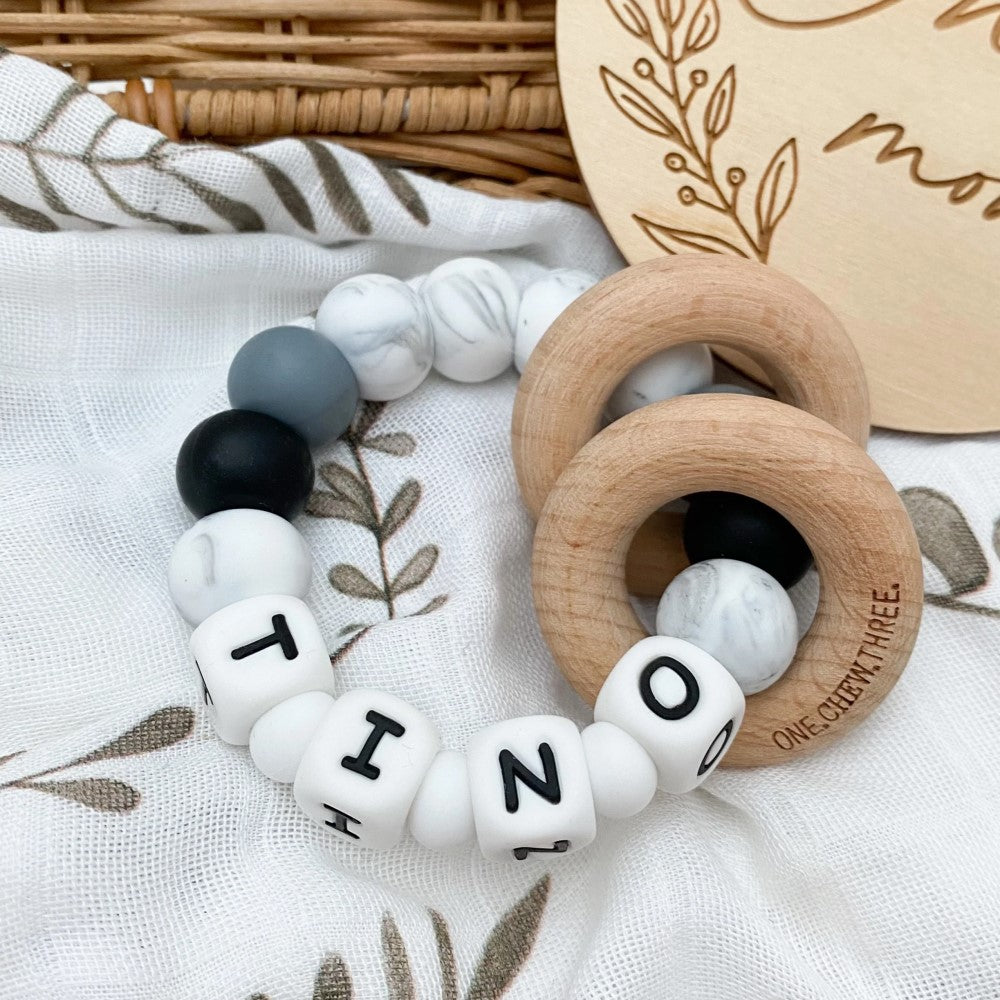 Personalised Silicone Beads On Wooden Rings Teether Rattle