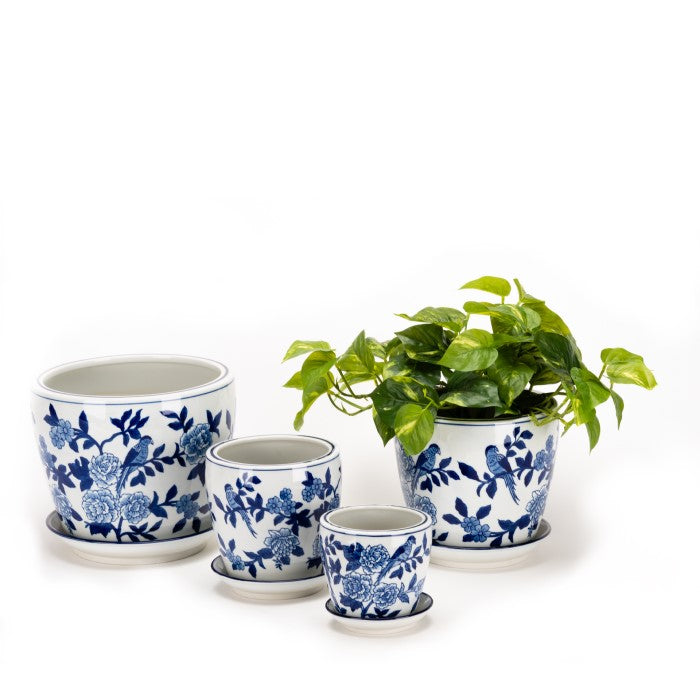 Set Of 4 Ceramic Japanese Plant Pots With Saucer