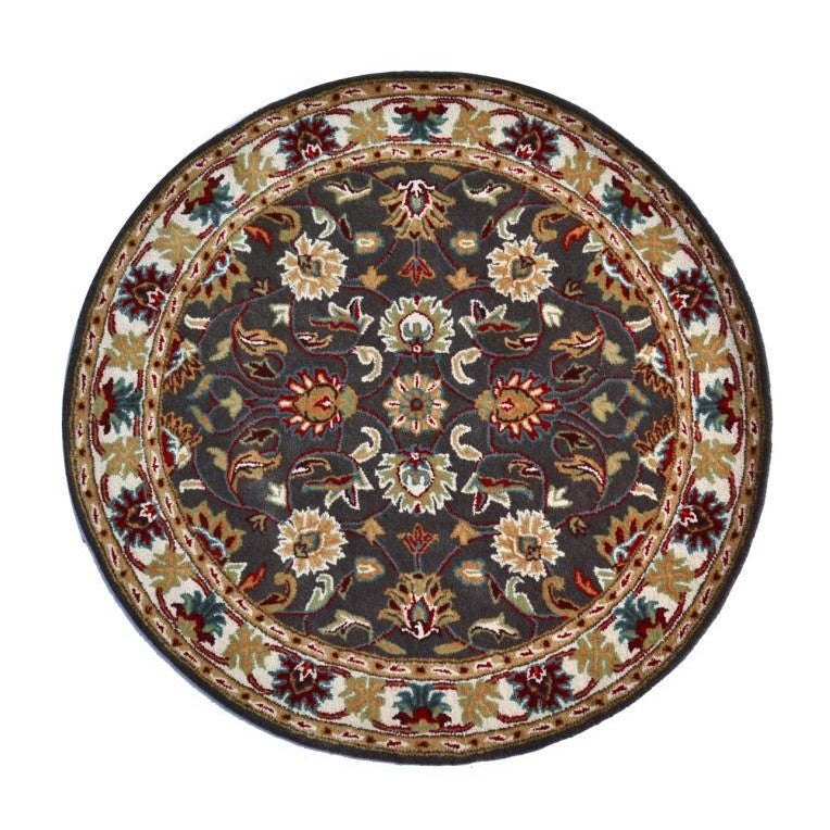 Handmade Grey & Cream Floral Leaves Wool Rug - Round