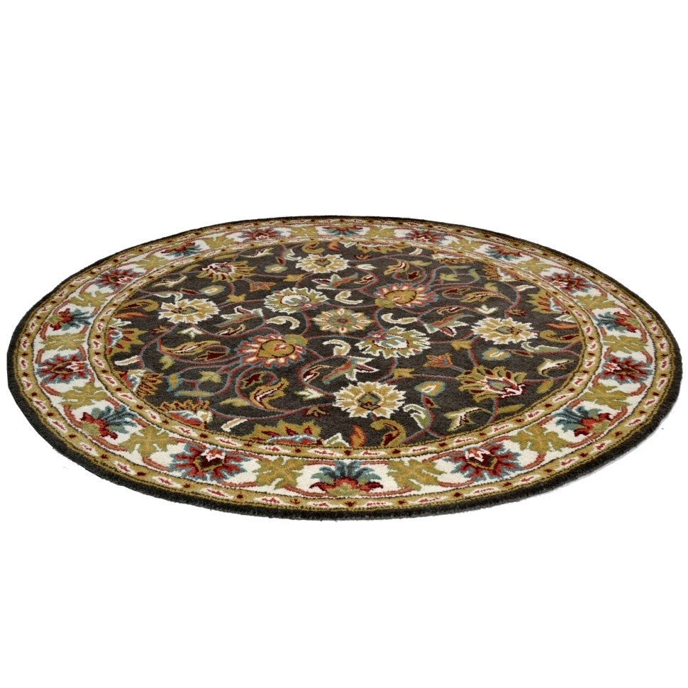 Handmade Grey & Cream Floral Leaves Wool Rug - Round