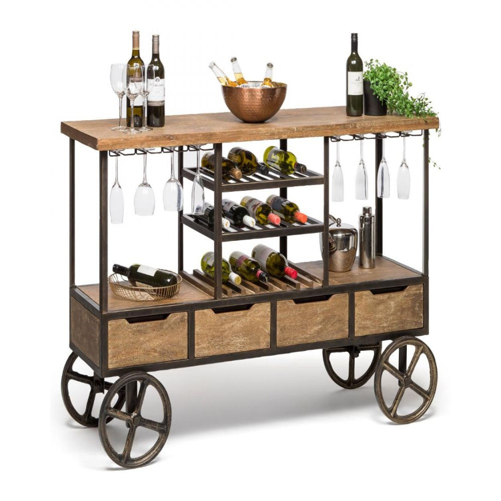 Multi-Level Industrial Wooden Bar Cart with Wine Rack