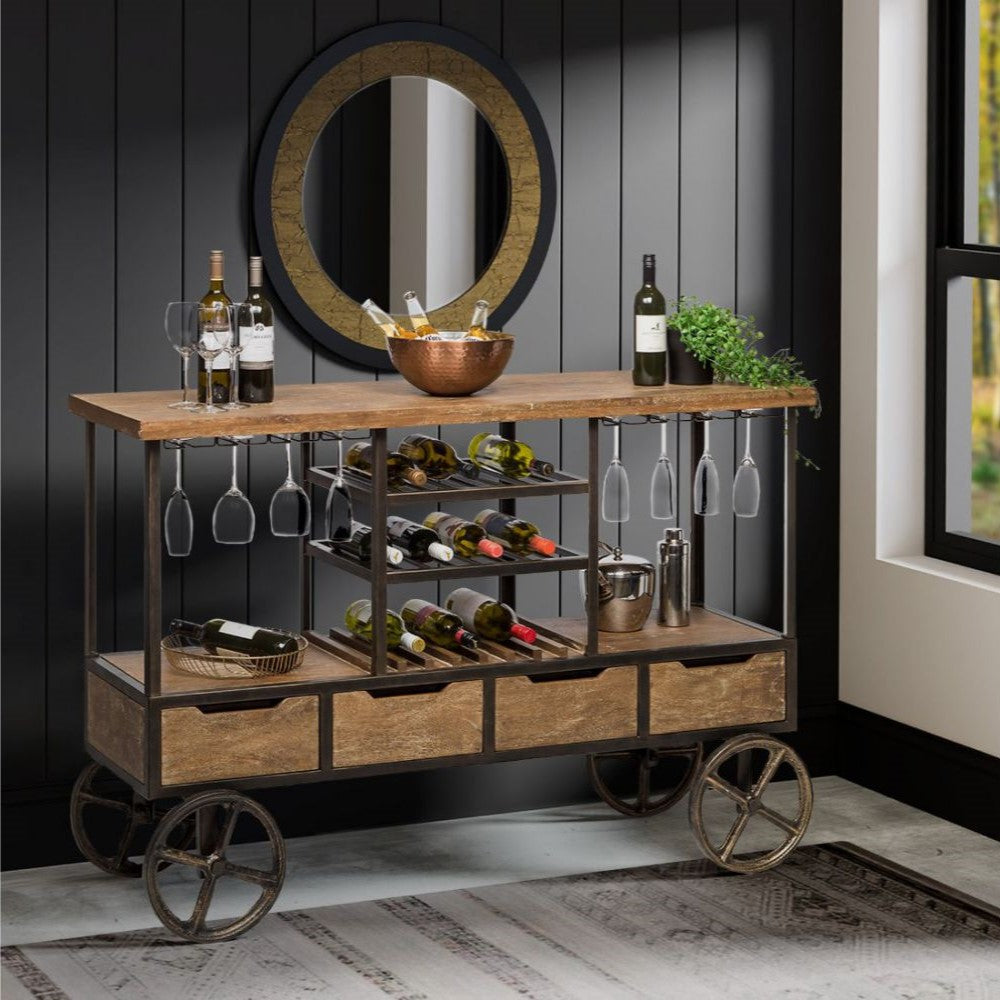 Multi-Level Industrial Wooden Bar Cart with Wine Rack