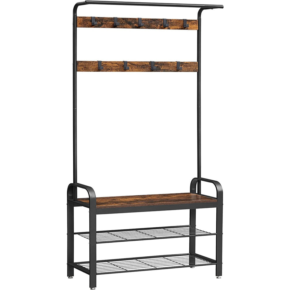 Coat Rack Hall Tree with Shoe Bench 3-in-1 Design - Rustic Brown and Black