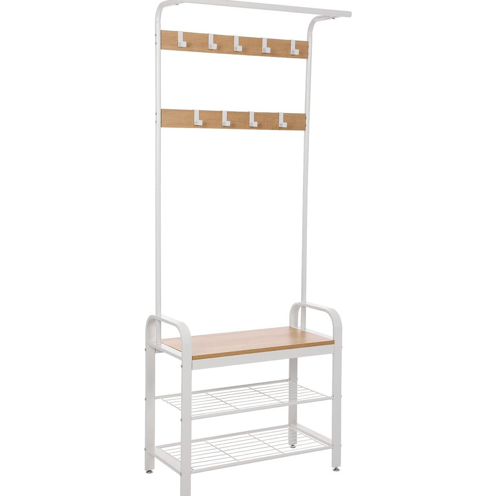 Coat Rack Stand Shoe Bench with Shelves 175cms - White