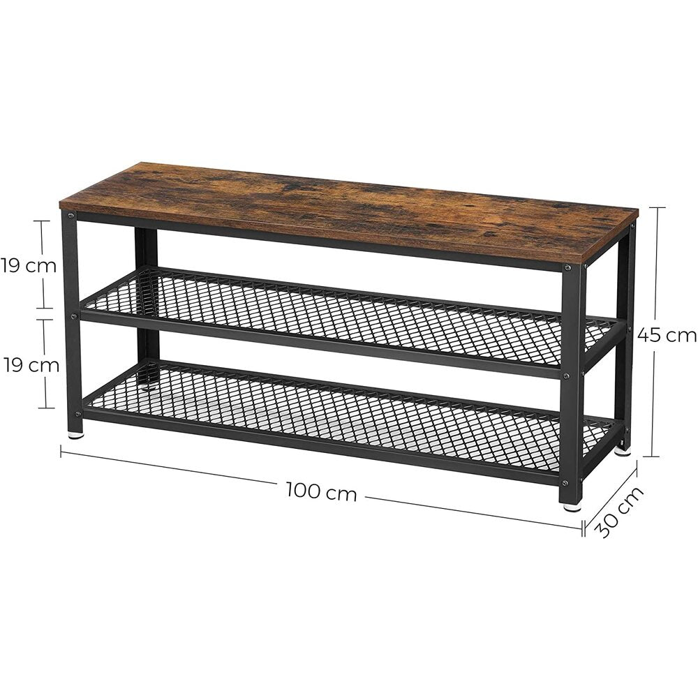 3 Tier Shoe Storage Bench 100cms - Rustic Brown and Black