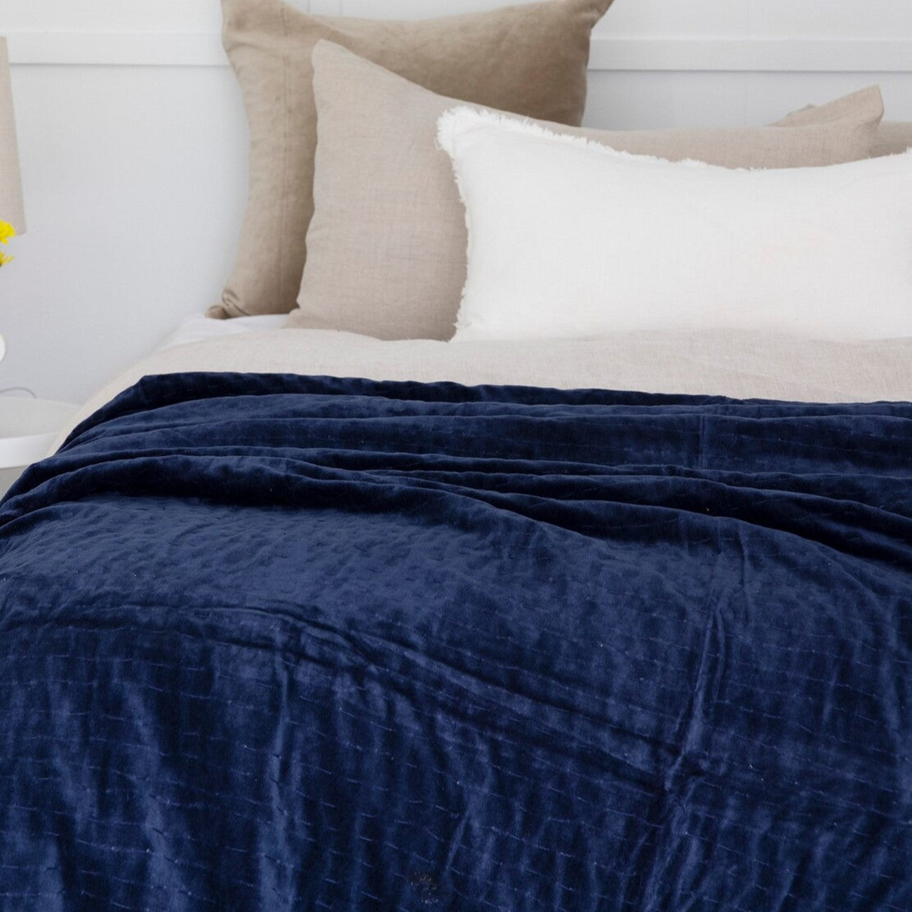 Cotton Velvet Bedspread Handmade Throw Quilt – Navy