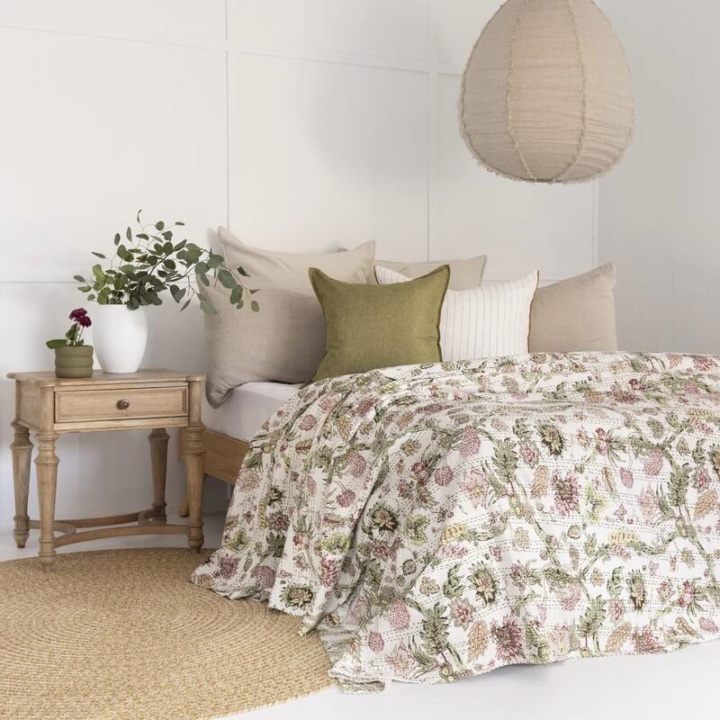 Floral Print Design Hand Made Cotton Doona King Size - Cream