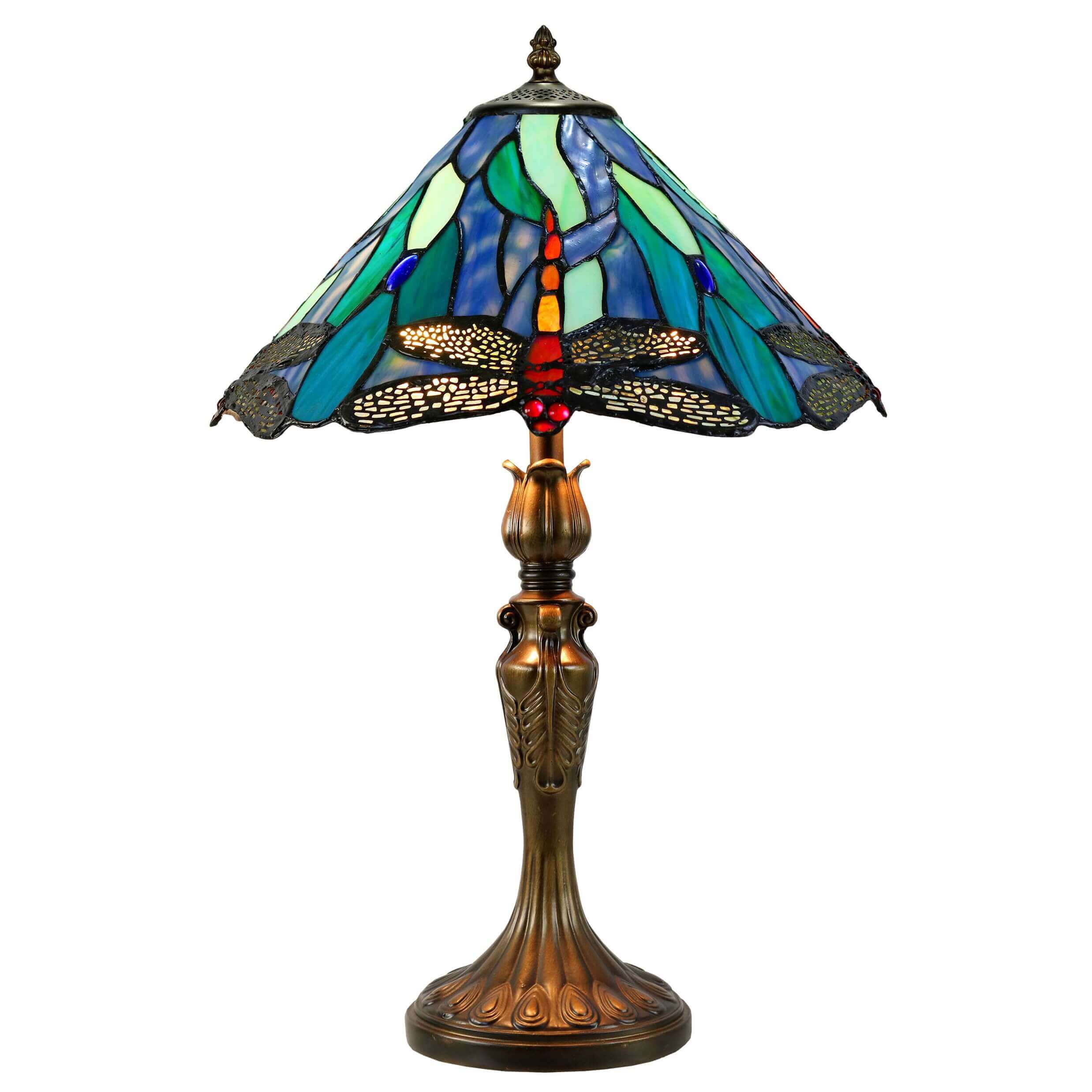 Dragonflies on Leaves Tiffany Stained Glass Table Lamp