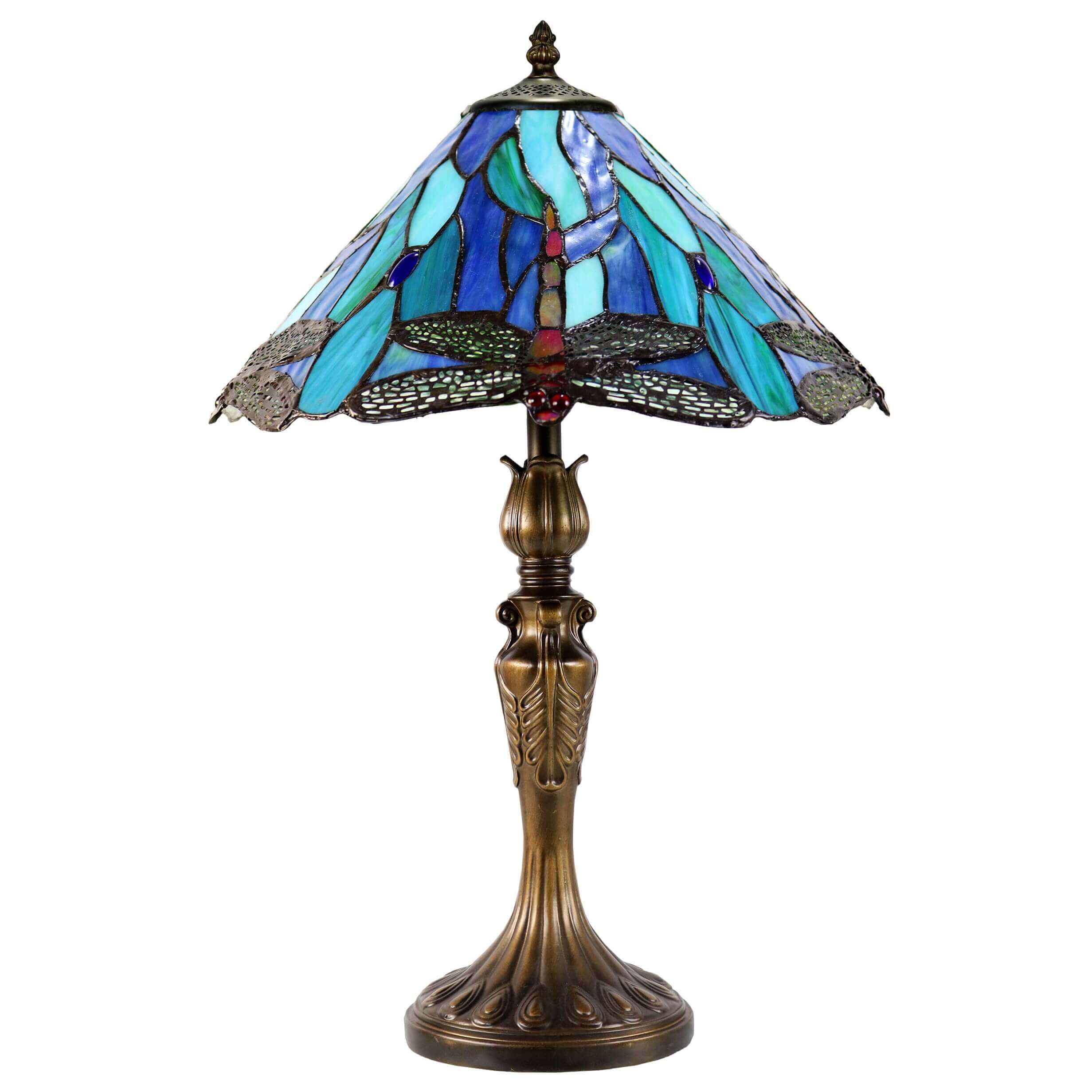 Dragonflies on Leaves Tiffany Stained Glass Table Lamp