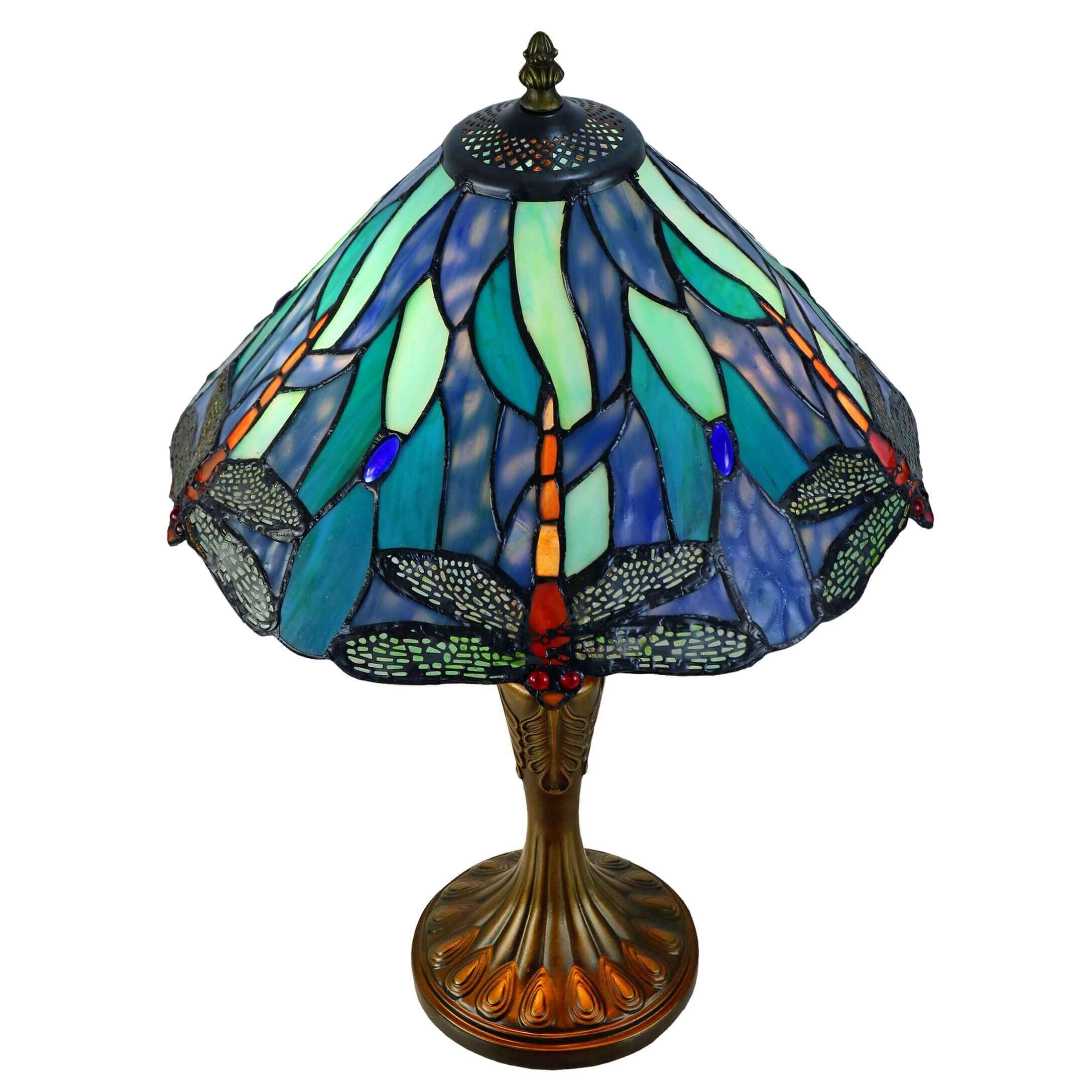 Dragonflies on Leaves Tiffany Stained Glass Table Lamp