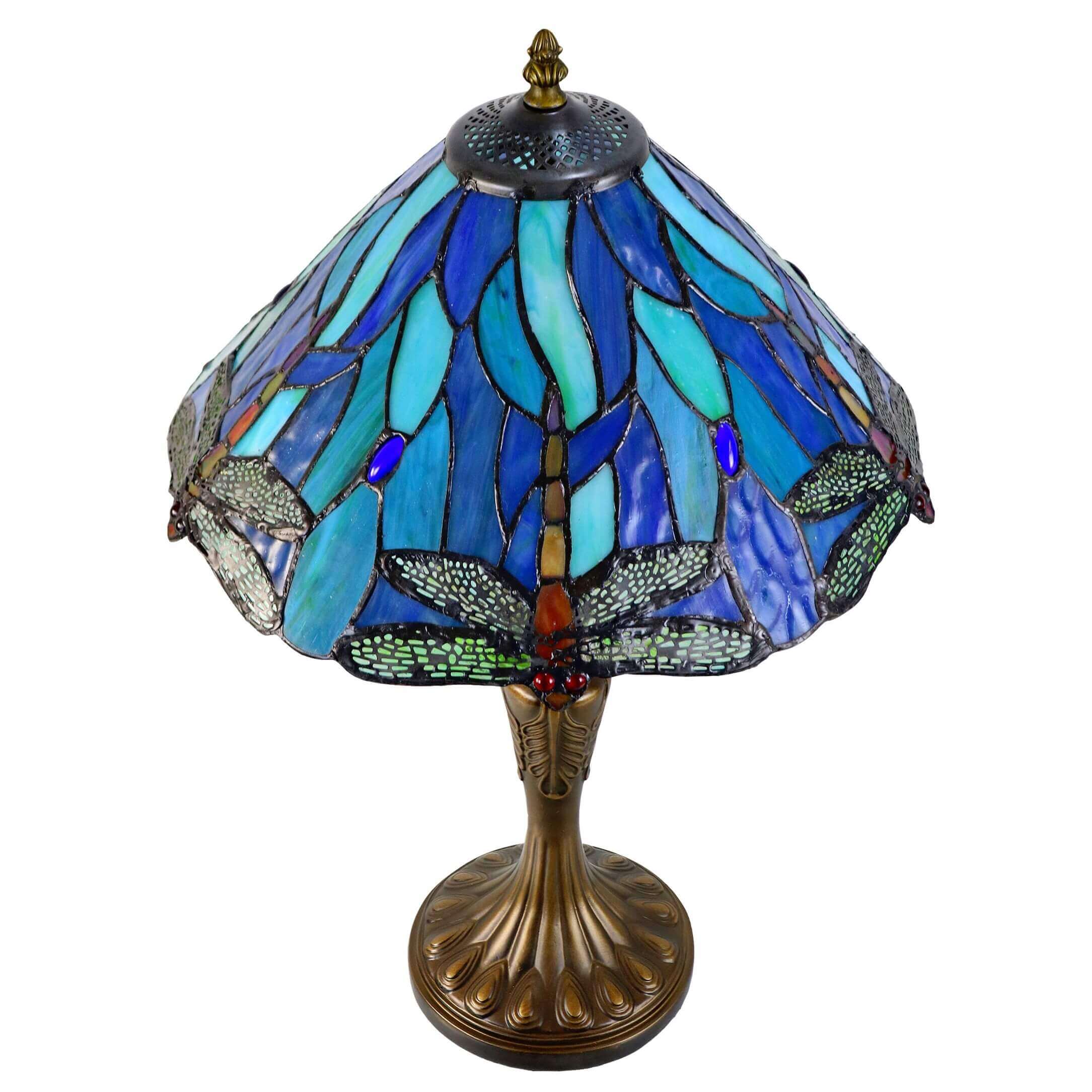 Dragonflies on Leaves Tiffany Stained Glass Table Lamp