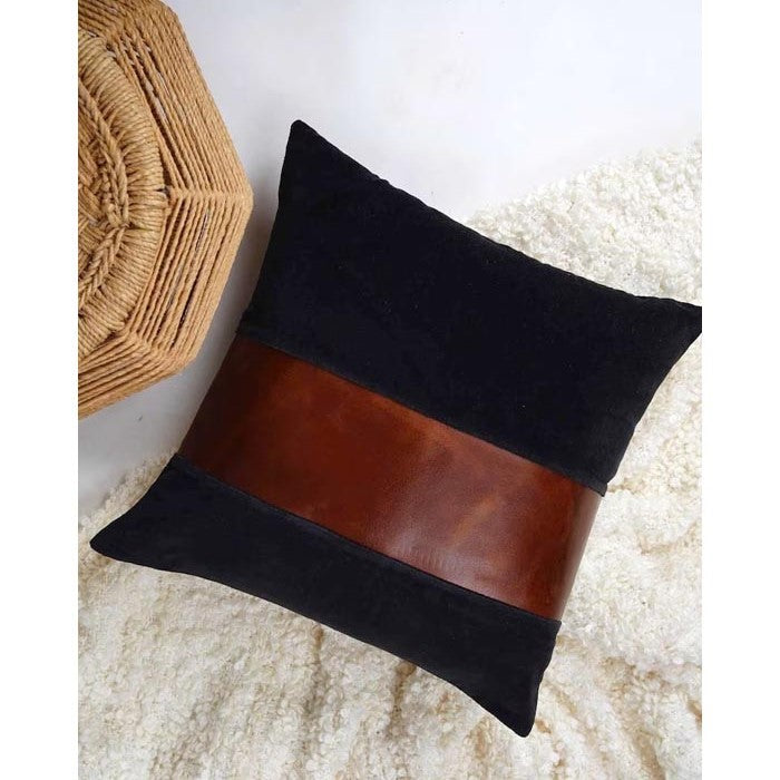 Cotton Leather Patched Cushion Cover 45 x 45cms - Black