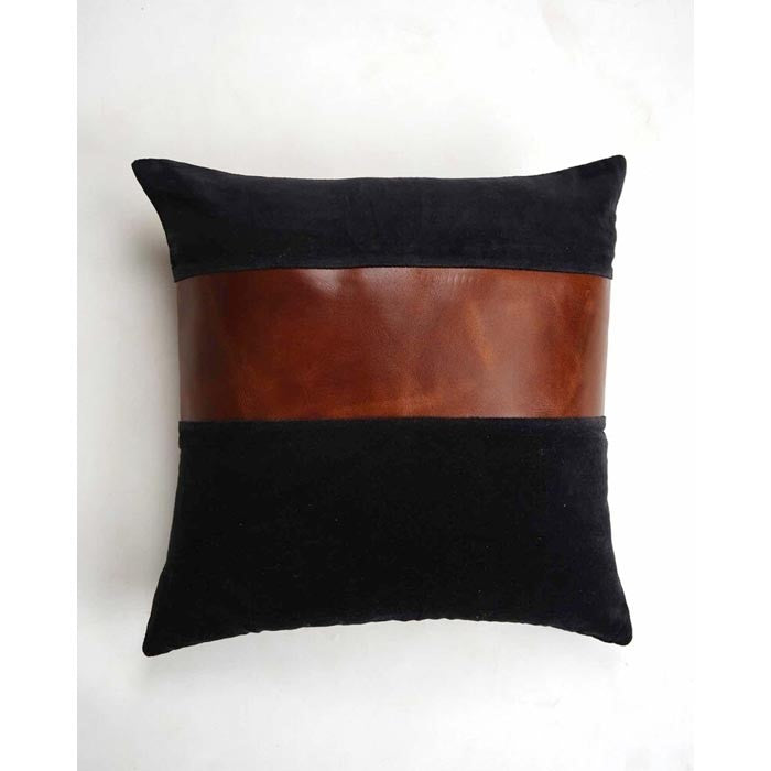 Cotton Leather Patched Cushion Cover 45 x 45cms - Black