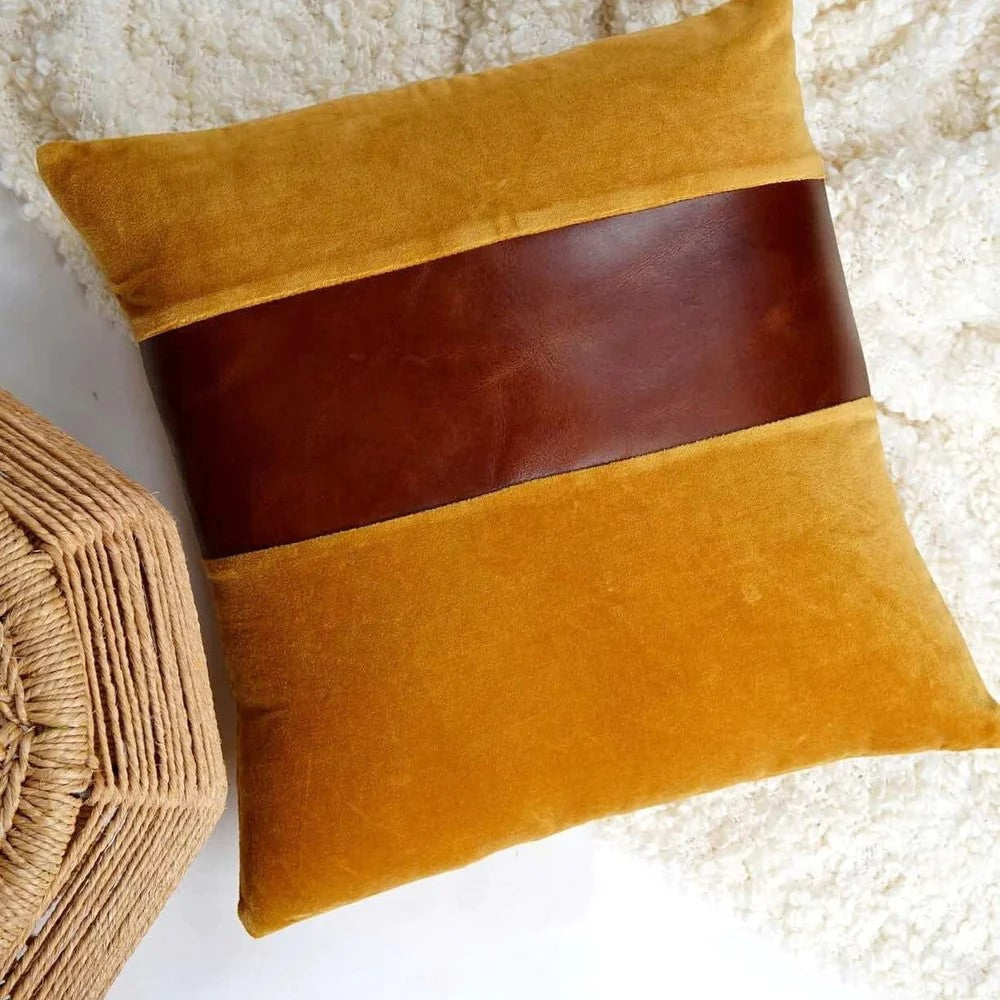 Cotton Leather Patched Cushion Cover 45 x 45cms - Yellow