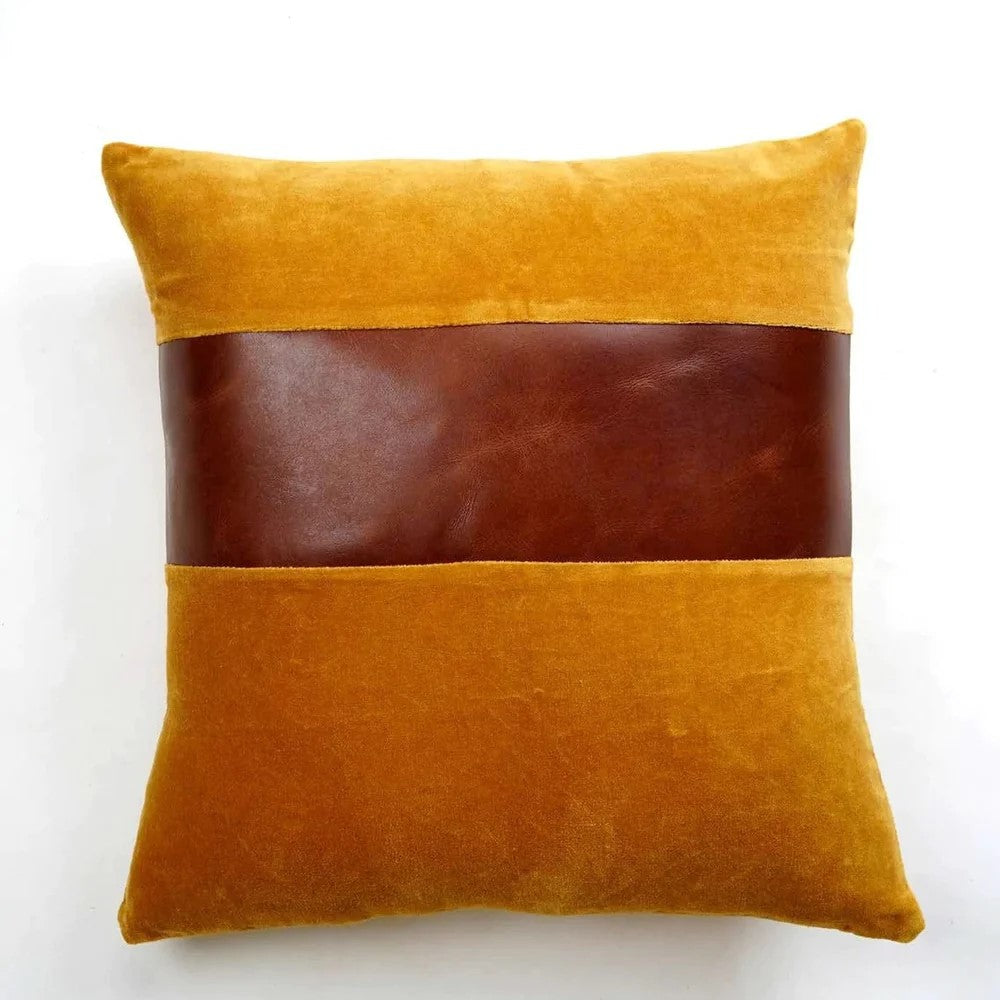 Cotton Leather Patched Cushion Cover 45 x 45cms - Yellow