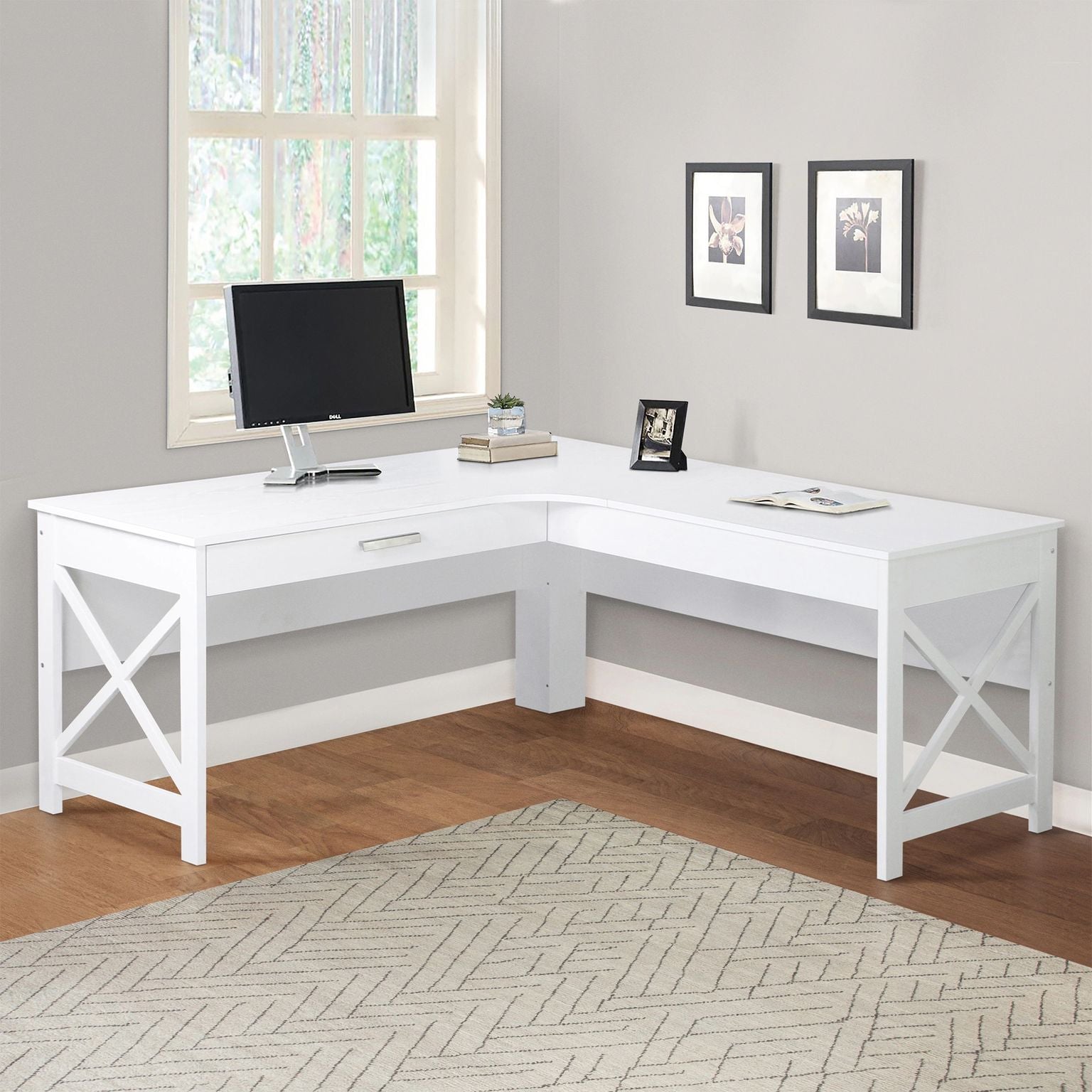 Distressed White L-Desk for Cozy Workspaces