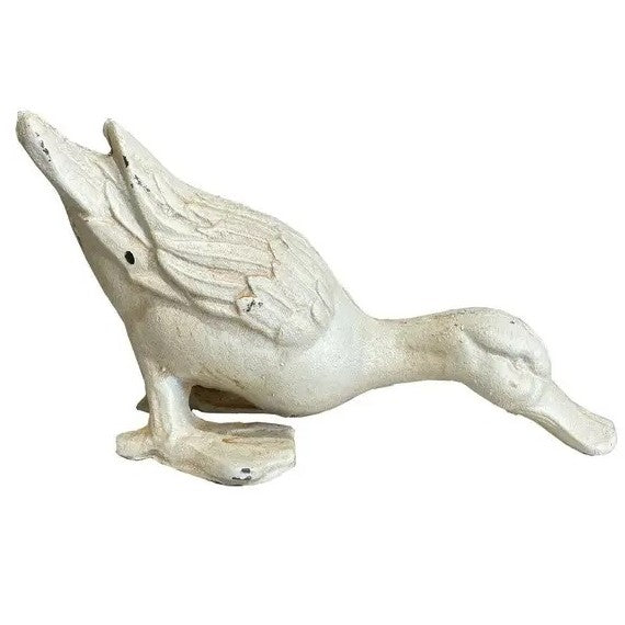 Cast Iron Drinking Duck Statue - Antique White