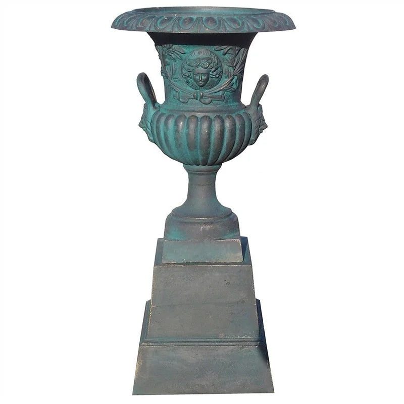 Eleganza Cast Iron Urn on Plain Pedestal - Verdigris