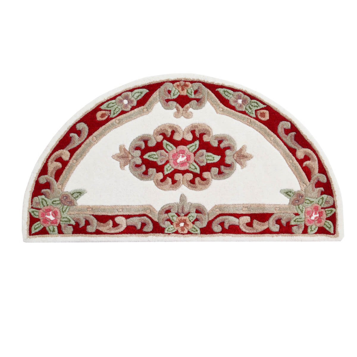 French Floral Handwoven Woolen Rug - Ivory / Red - Semicircle