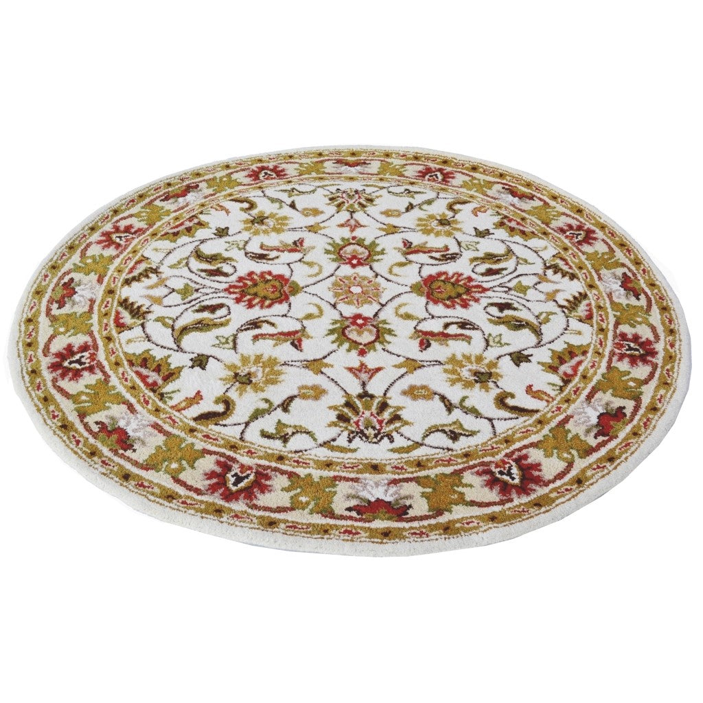 Handmade Ivory & Cream Floral Leaves Wool Rug - Round