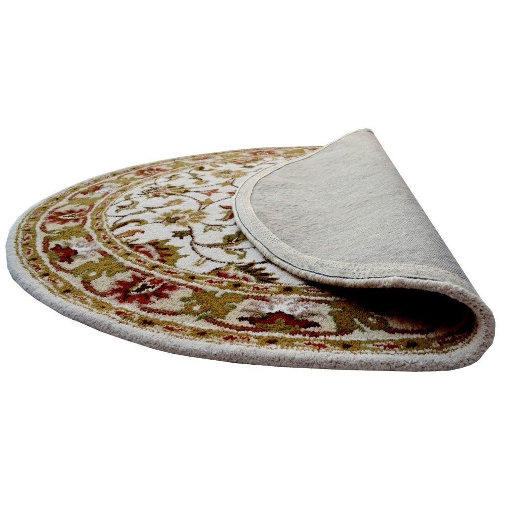 Handmade Ivory & Cream Floral Leaves Wool Rug - Round