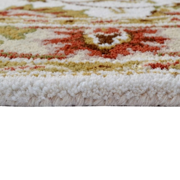 Handmade Ivory & Cream Floral Leaves Wool Rug - Round