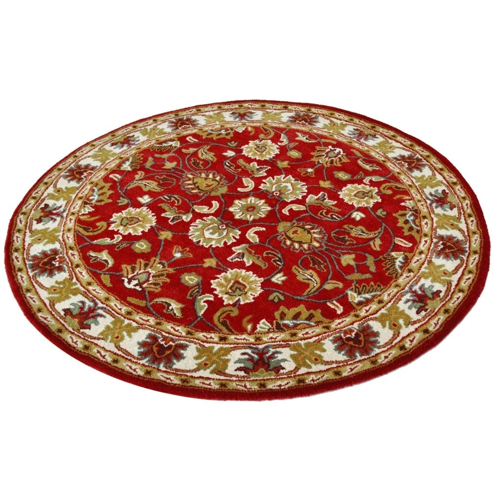 Handmade Red & Cream Floral Leaves Wool Rug - Round