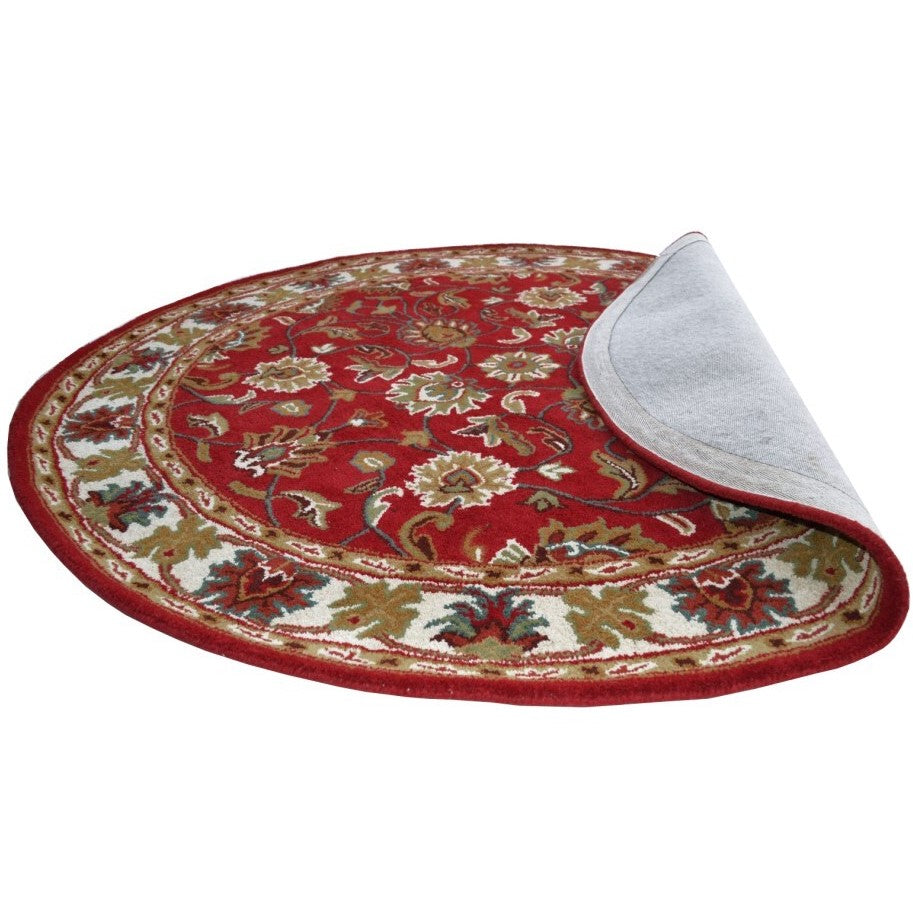 Handmade Red & Cream Floral Leaves Wool Rug - Round