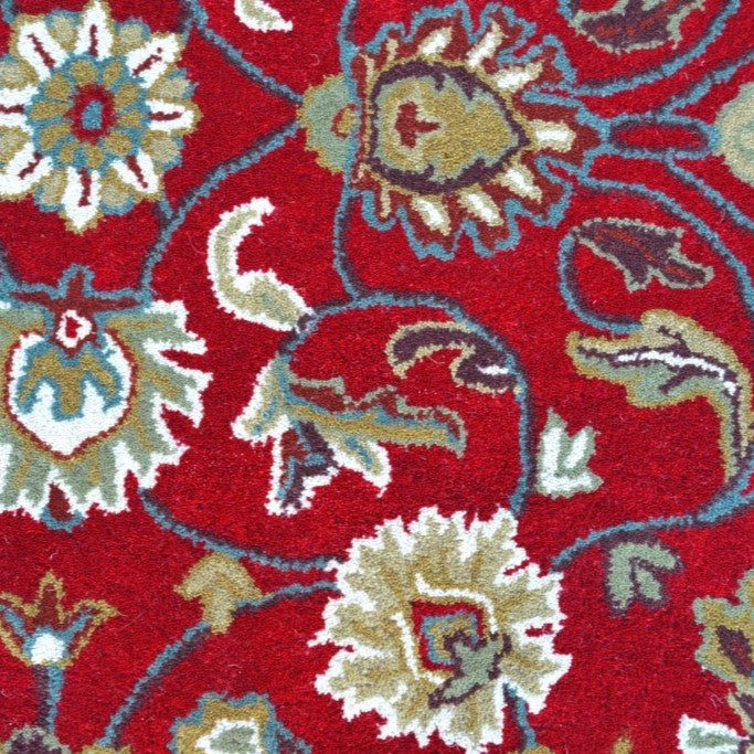 Handmade Red & Cream Floral Leaves Wool Rug - Round