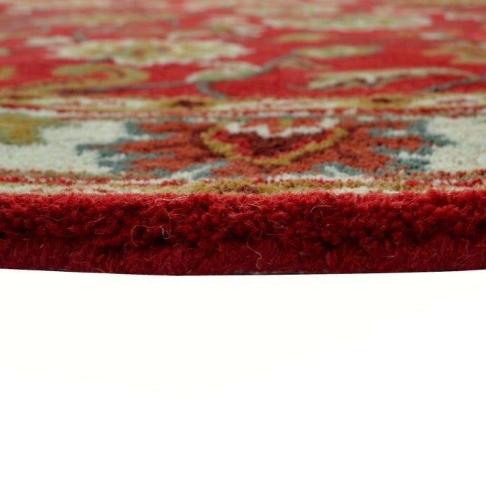 Handmade Red & Cream Floral Leaves Wool Rug - Round