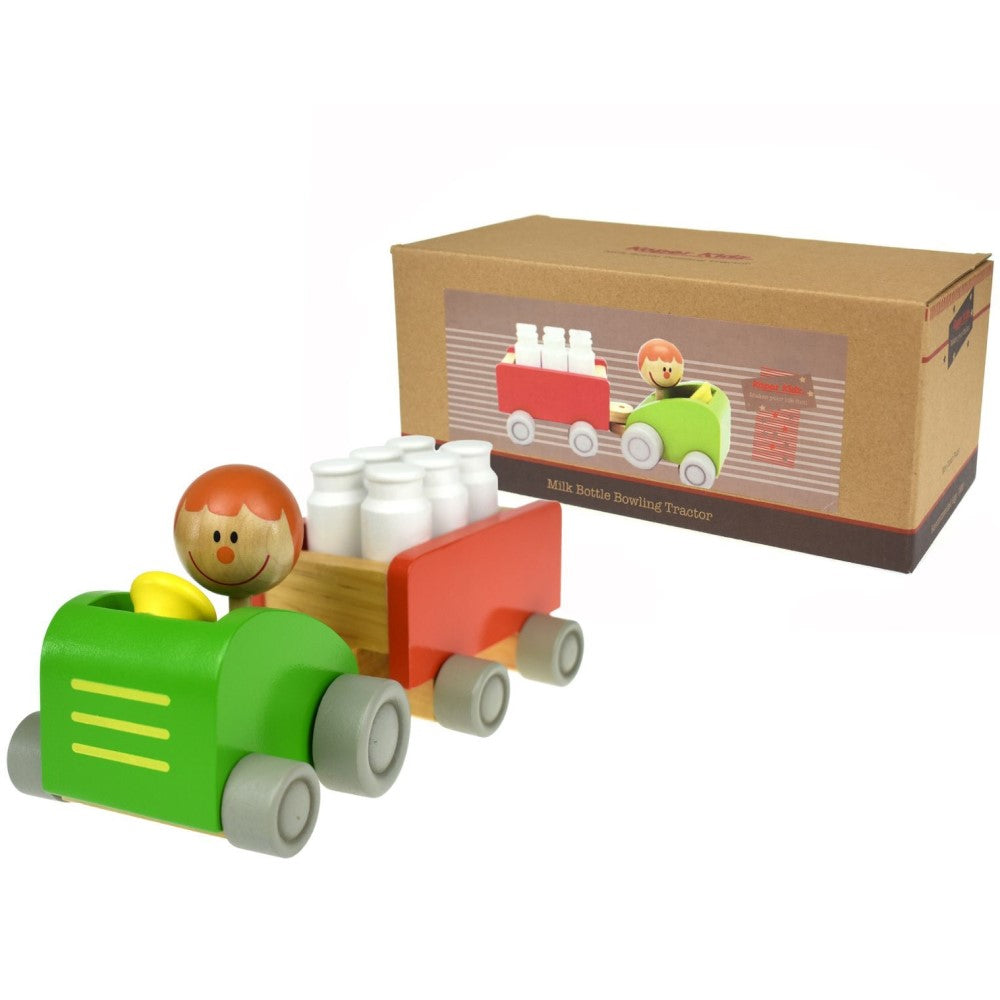 Toddlers Wooden Milk Bottle Bowling Set in Tractor N Pull Toy