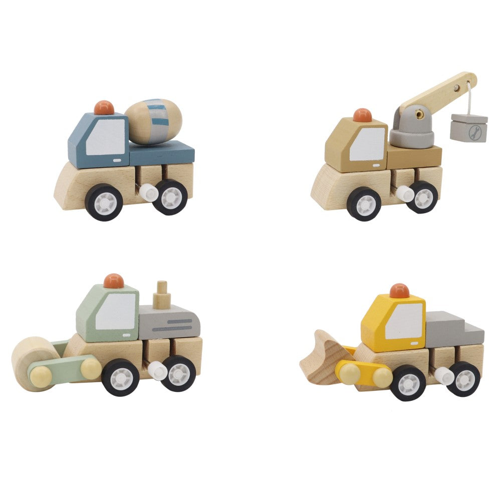 Kids Wooden Windup Construction Truck Set of 4