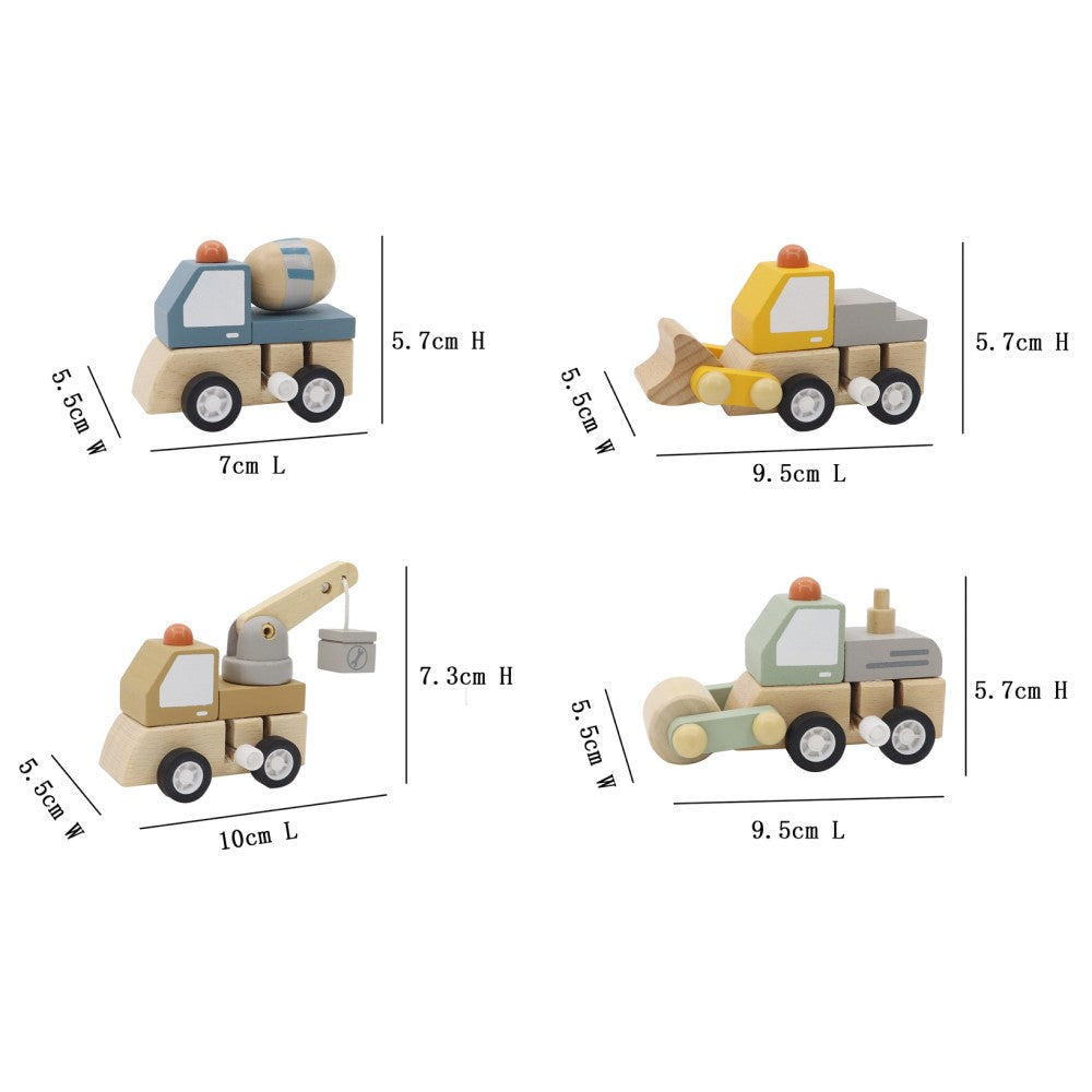 Kids Wooden Windup Construction Truck Set of 4