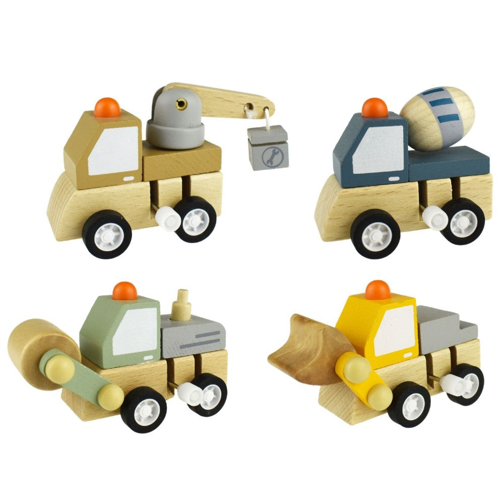 Kids Wooden Windup Construction Truck Set of 4