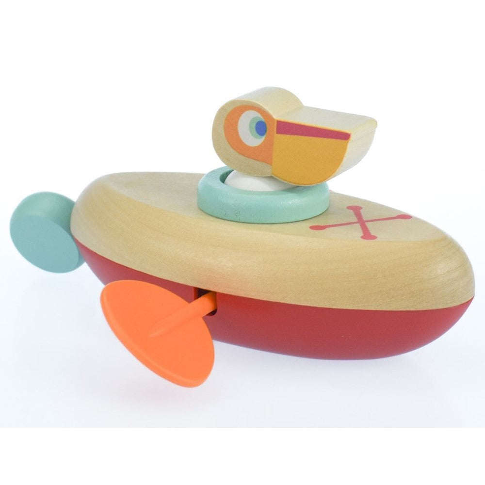 Pelican On Canoe Wooden Pull String Kids Bath Toy