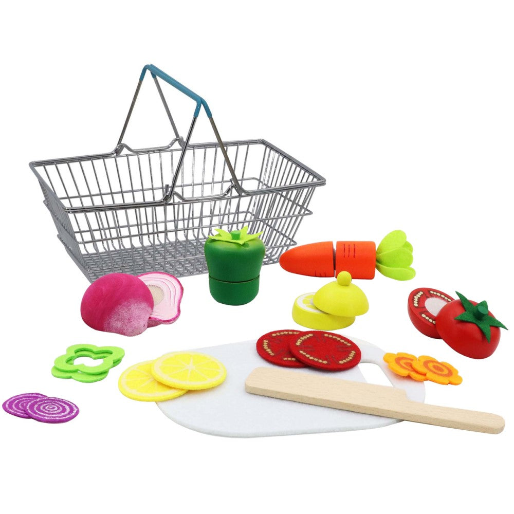 Wooden Cutting Vegetables Set In Metal Basket