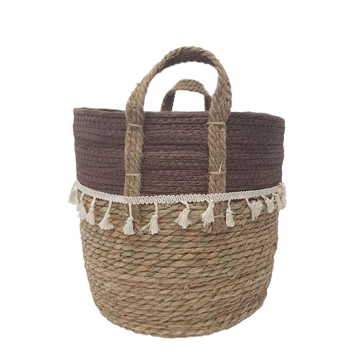 2-Tone Trish V-shape Basket with Tassels - Natural / Brown -Set of 3