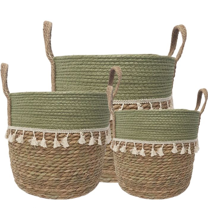 2-Tone Trish V-shape Basket with Tassels - Natural / Olive -Set of 3