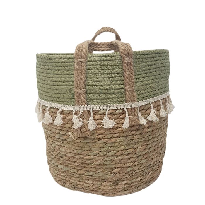 2-Tone Trish V-shape Basket with Tassels - Natural / Olive -Set of 3