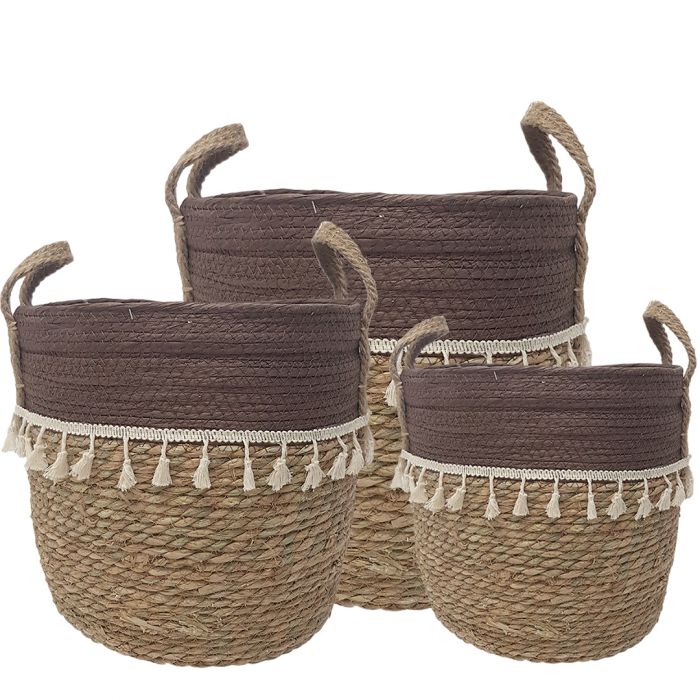 2-Tone Trish V-shape Basket with Tassels - Natural / Brown -Set of 3