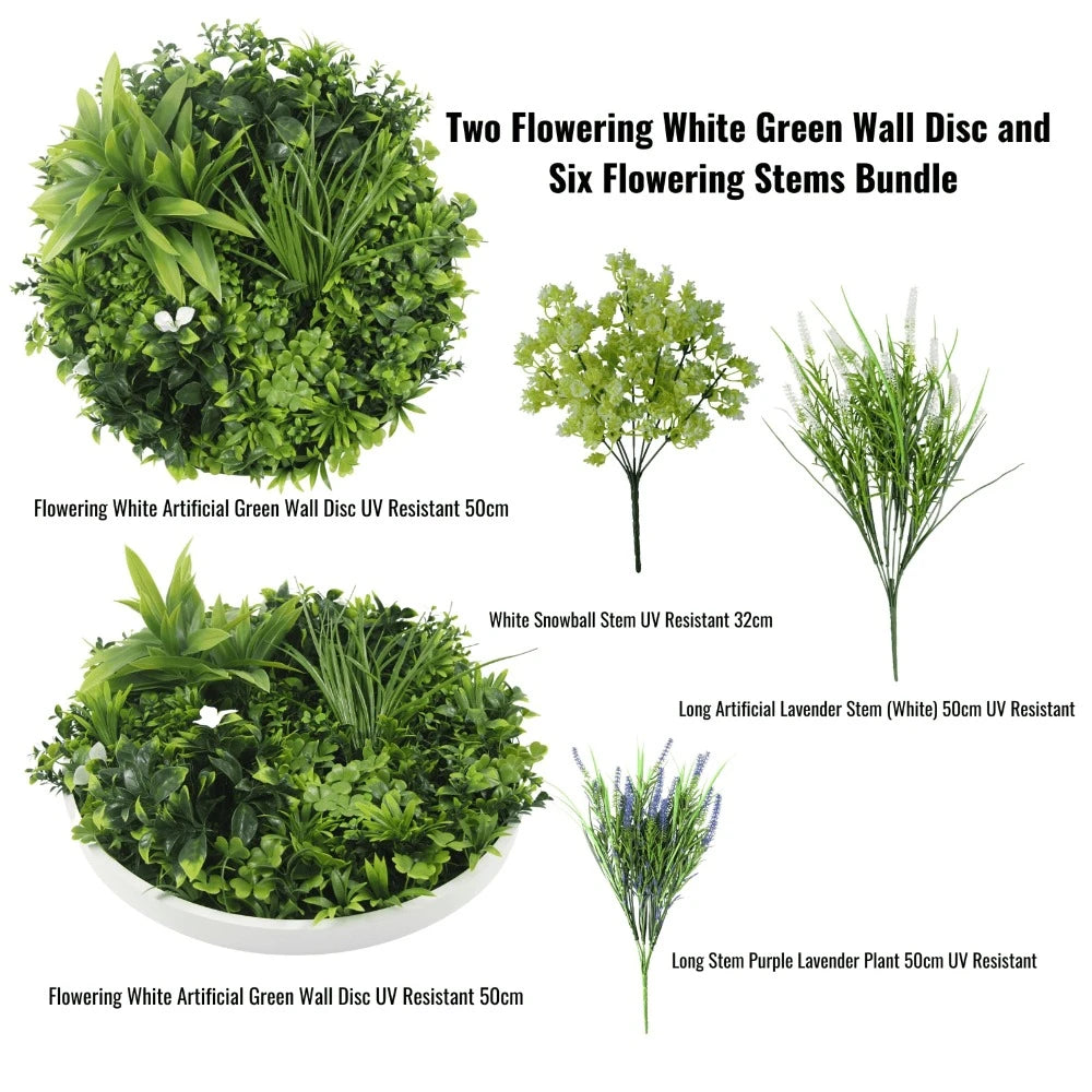 2 Flowering White Green Wall 50cm Discs and 6 Stems Combo