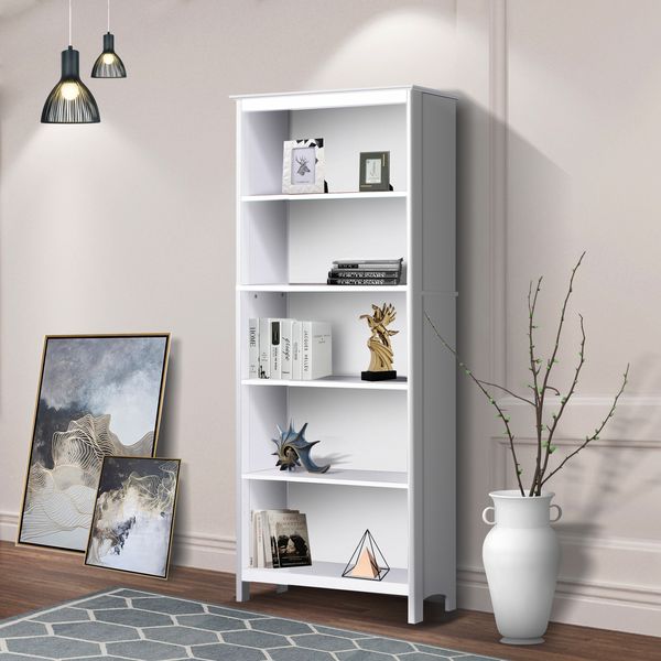 Stylish Engineered Wood 5-Shelf Hutch Bookcase White