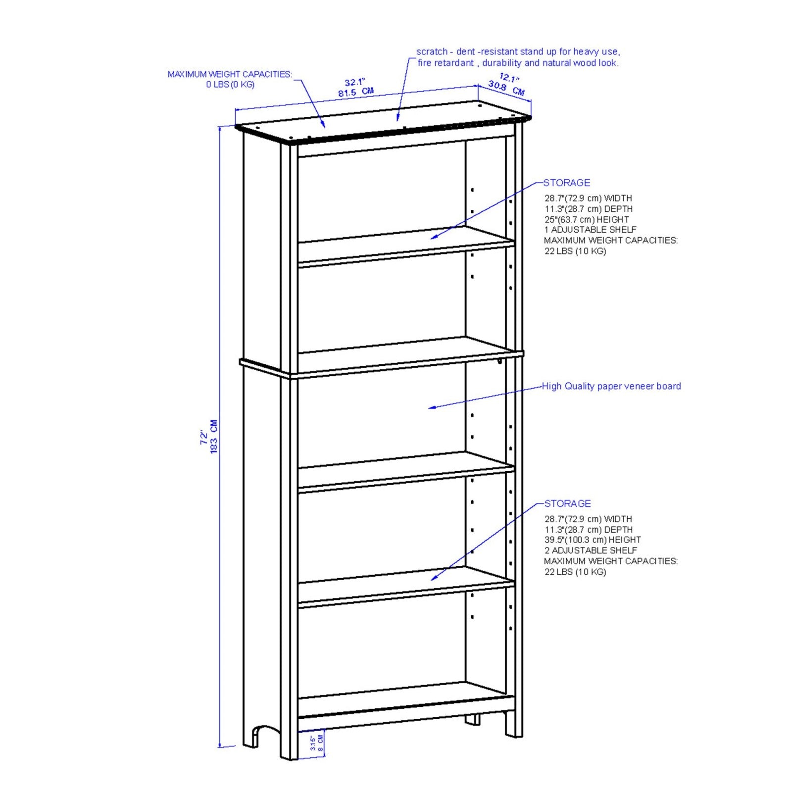 Stylish Engineered Wood 5-Shelf Hutch Bookcase White