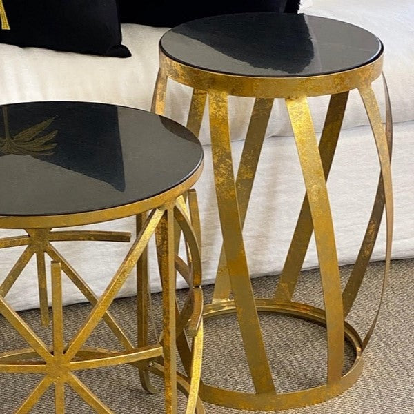 Angled Bar Grille Side Table with Glass Top - Gold